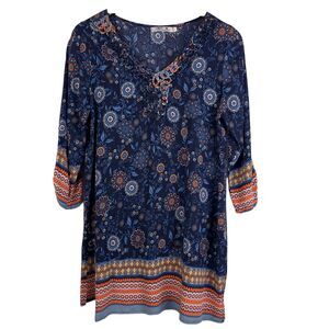 Blossom by P Striped Flower V-neck Quarter Sleeve‎ Multicolor Tunic Top